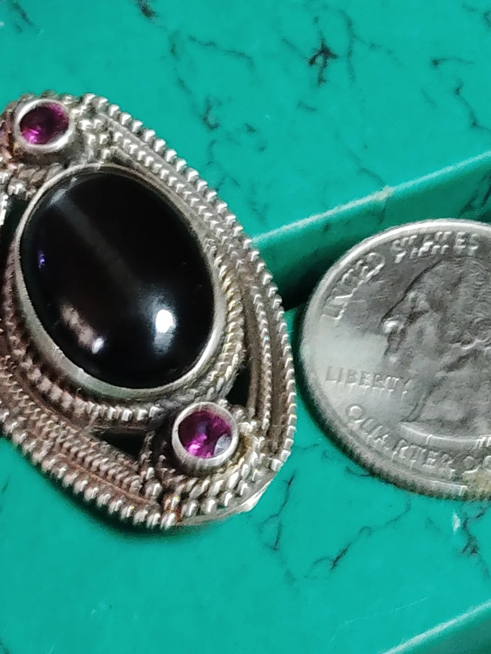 BLACK STAR OF INDIA, ELONGATED, 💯 STERLING RING. ORISSA GARNET ACCENT. SIZE 11